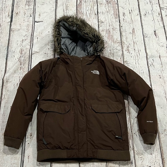 Girls The North Face Brown HyVent Goose Down Hooded Brown Jacket - Picture 1 of 14